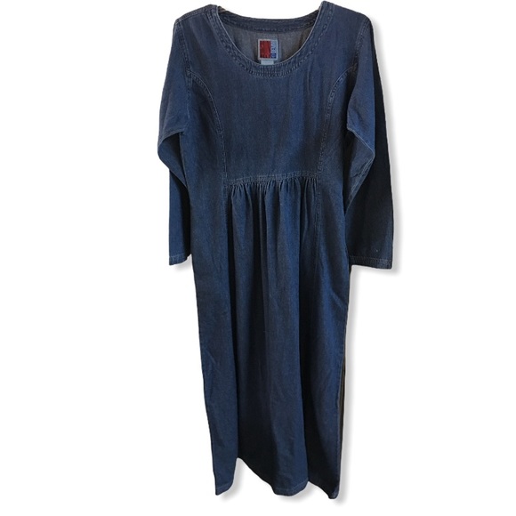 Vintage Denim Maxi Dress Long Sleeve Pockets 90’s Grunge - Picture 8 of 10